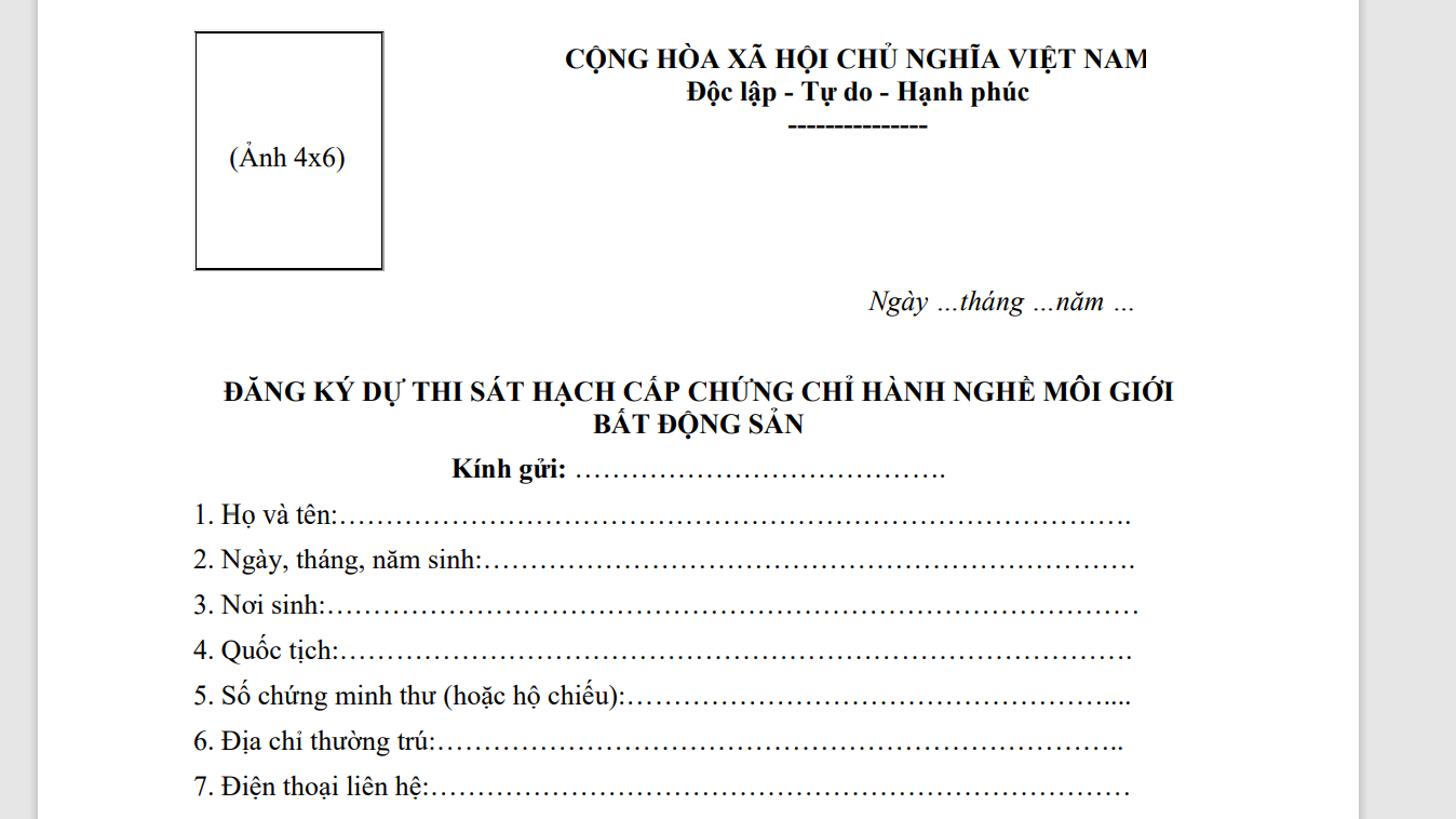 Hồ sơ đăng ký thi chứng chỉ môi giới bất động sản theo quy định.