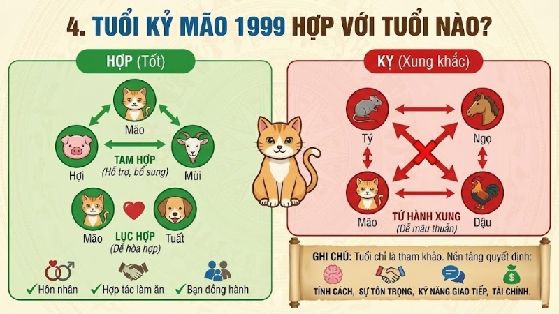 Sinh năm 1999 mệnh gì? Tuổi con gì, hợp màu gì, hướng nào nhất? 4 Tìm hiểu tuổi hợp làm ăn, kết hôn và các con số may mắn của Kỷ Mão 1999.